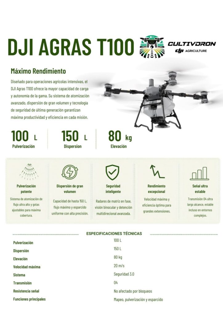 DJI Agras T100, dron agrícola para pulverización, abonado y agricultura de precisión | Cultivdron