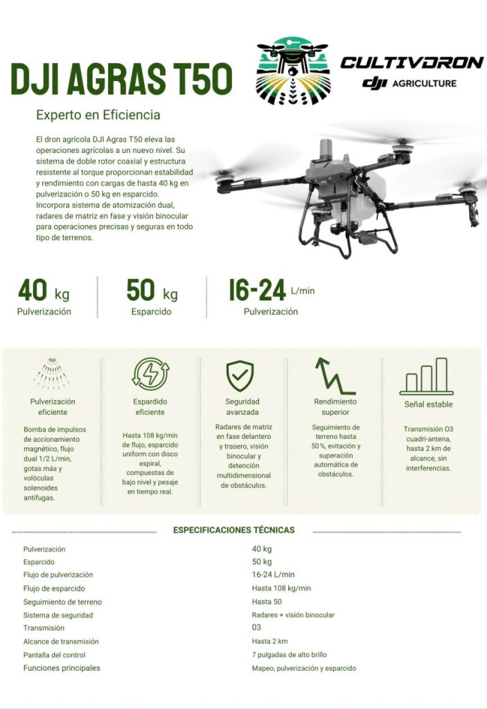 DJI Agras T50, dron agrícola para pulverización y abonado | Cultivdron